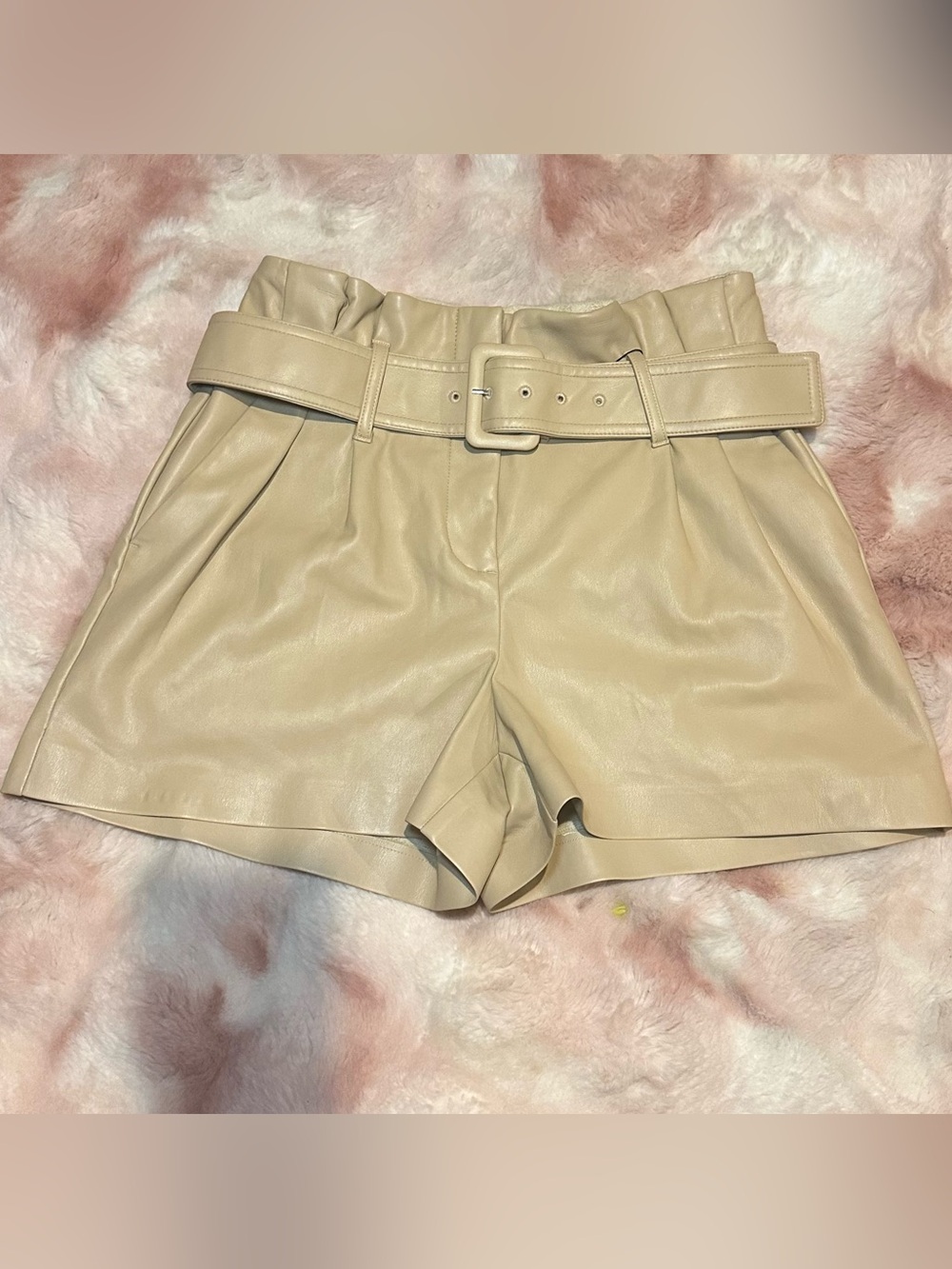 Express High-Waist Faux-Leather Paperbag Shorts in Beige with Belt